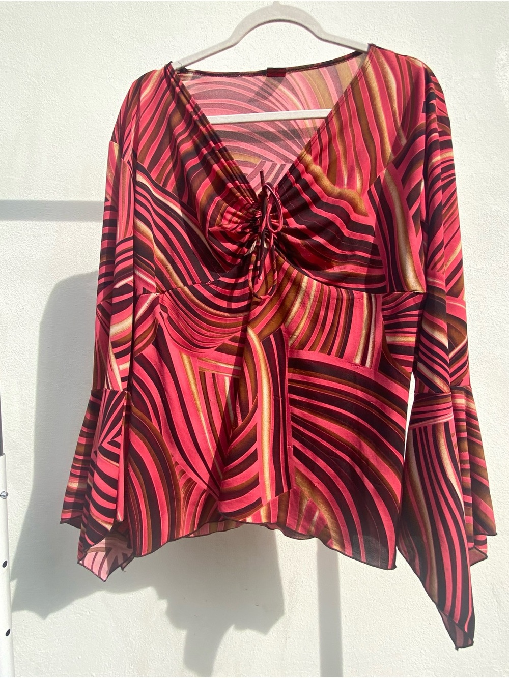 Y2K Boho Pink & Brown Abstract Stripe Flare Sleeve Ruched Bust Blouse Size 3X